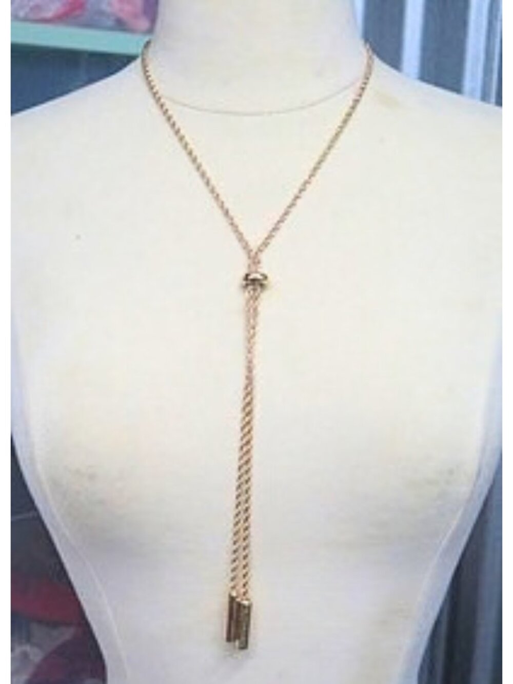 Gold Tone Rope Chain Y Necklace Long Tassel Pendant New Without Tags